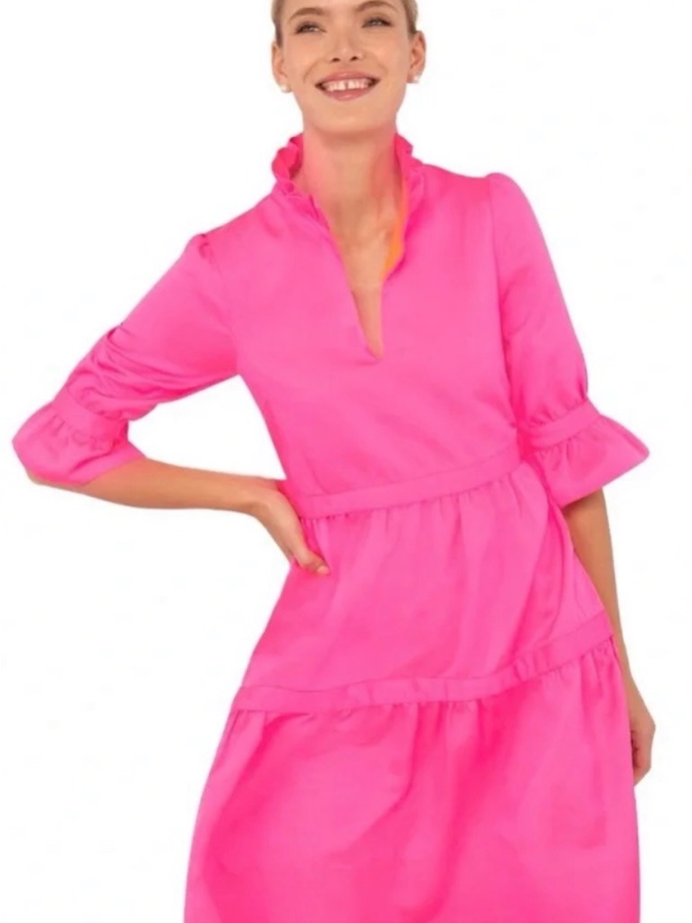 Gretchen Scott Bright Hot Pink Ruffle Neck Tiered Dress Size XS